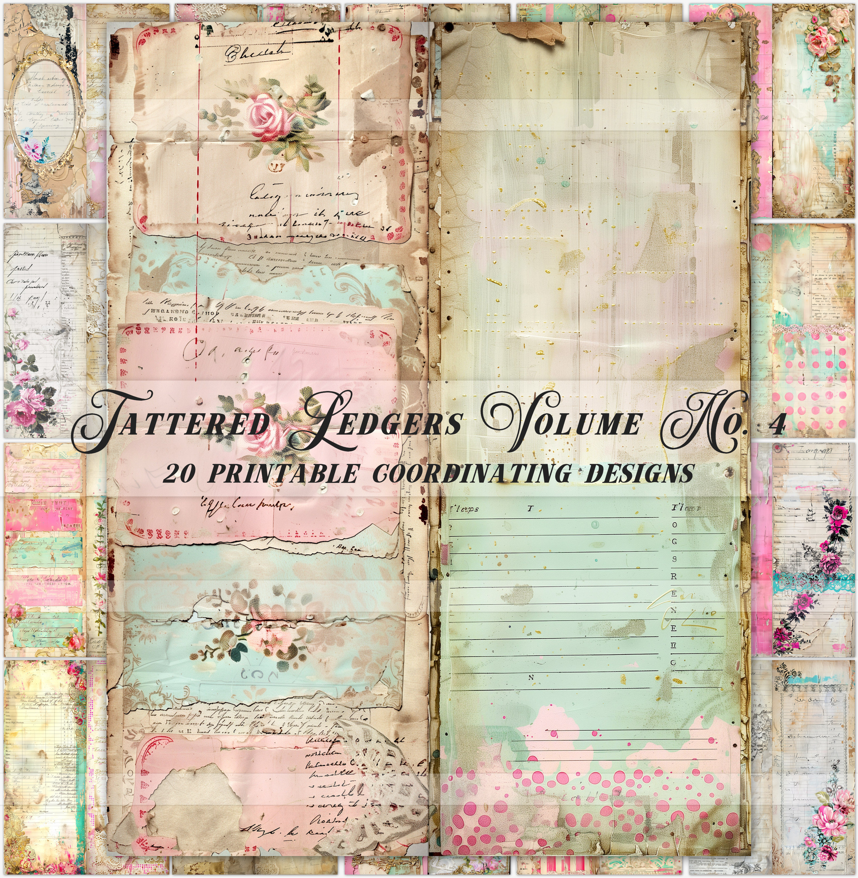 Printable Tattered Antique Ledger Papers, Pink Junk Journal Pages ...