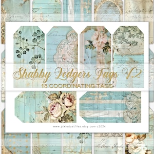 May include: A set of 18 digital printable tags featuring a shabby chic design with blue and white stripes, floral patterns, and handwritten text. The tags are labeled "Shabby Ledgers Tags V.2" and "18 Coordinating Tags".