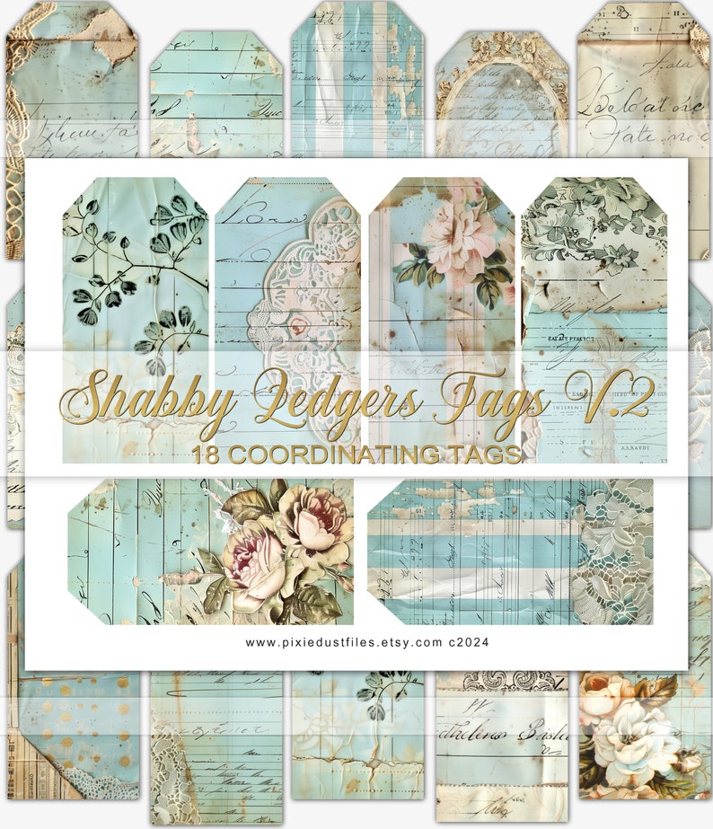 May include: A set of 18 digital printable tags featuring a shabby chic design with blue and white stripes, floral patterns, and handwritten text. The tags are labeled "Shabby Ledgers Tags V.2" and "18 Coordinating Tags".