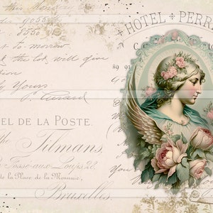 May include: Vintage postcard featuring a delicate illustration of an angel with wings and roses. The text on the postcard reads "Hotel Perrin" and "Hotel de la Poste."