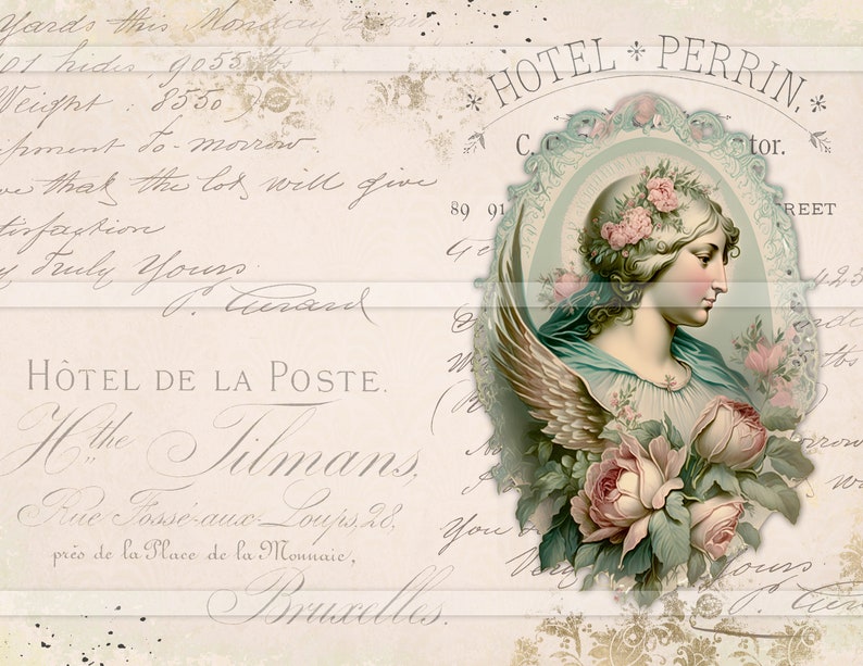 May include: Vintage postcard featuring a delicate illustration of an angel with wings and roses. The text on the postcard reads "Hotel Perrin" and "Hotel de la Poste."
