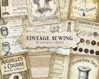 Vintage Sewing Ephemera, Junk Journal ATC Printable Cards, Digi Journal Kit, Antique Paper Journaling Tags, DIGITAL DOWNLOAD