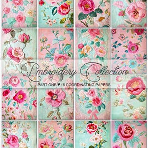 Floral Stickerei, druckbares Papier, gestickte Blumen, digitale Papiere, Junk Journal Seiten, Scrapbook, Pastell, Kunststoff, Vintage Papier
