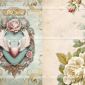 May include: A vintage-style scrapbook page with a decorative heart design featuring a cross and wings. The heart is surrounded by roses and ornate gold scrollwork. The page has a light blue background with a gold pattern. The text "SOUVENIR" is written on a gold banner at the top of the page.