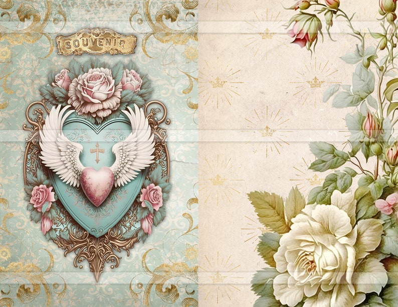 May include: A vintage-style scrapbook page with a decorative heart design featuring a cross and wings. The heart is surrounded by roses and ornate gold scrollwork. The page has a light blue background with a gold pattern. The text "SOUVENIR" is written on a gold banner at the top of the page.