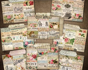 Printable File Folders, Junk Journal Kit, Vintage Ephemera, DIGITAL DOWNLOAD, Journaling Cards & Pockets