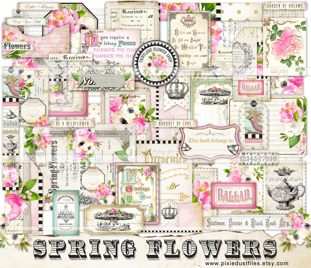 Printable Junk Journal Ephemera Kit, Spring Flowers, Shabby Chic Papers ...