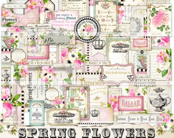 printable junk journal ephemera kit, Spring Flowers, shabby chic papers, vintage ephemera digital paper collage sheets junk journal supplies
