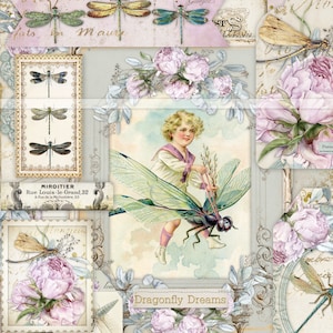 Zestaw do robienia dzienników Dragonfly Dreams, strony do druku, materiały do prowadzenia dziennika, wkładki, koperty, tagi, scrapbooking, papier cyfrowy, ważki
