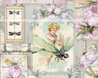 Dragonfly Dreams junk journal kit, printable pages, journaling supplies, inserts, envelopes, tags, scrapbooking, digital paper, dragonflies