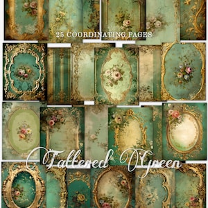 Kit de diário de lixo Tattered Green, papéis digitais, páginas verdes de diário imprimíveis, papéis de registro no diário, download digital, criação de cartões, coisas efêmeras