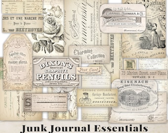 Junk journal essentials, printable ephemera, journaling pages, sheet music covers, french invoices, postcards, digital ephemera kit download