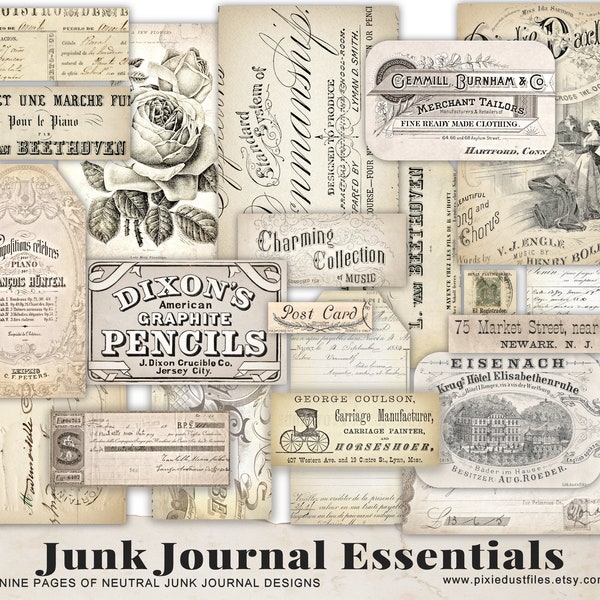 Essentiels de journaux indésirables, éphémères imprimables, pages de journalisation, couvertures de partitions, factures français, cartes postales, téléchargement de kit éphémère numérique