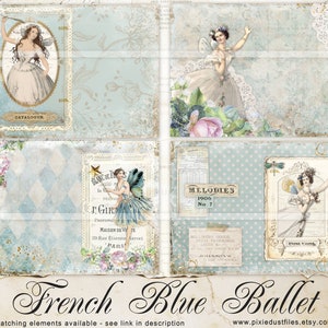 French Ballet Junk Journal Kit, Printable Pages, Vintage blue papers, lined journaling page, ballerina images, digital ephemera kit, collage