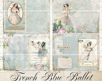 Kit para Diário de Arte com Tema de Balé Francês, Páginas Imprimíveis em Azul Vintage (Download Digital)