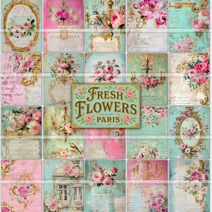 Verse bloemen, botanische junk-dagboekkit, afdrukbare pagina's, bloemenjournaalpapier, vintage rozen, plakboek, download, digitale documenten