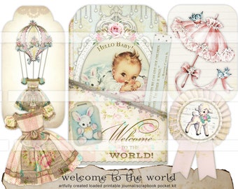 Printable Junk Journal Kit Baby Girl pocket and tags vintage images digital journal pages scrapbook paper crafts antique ephemera digi kits
