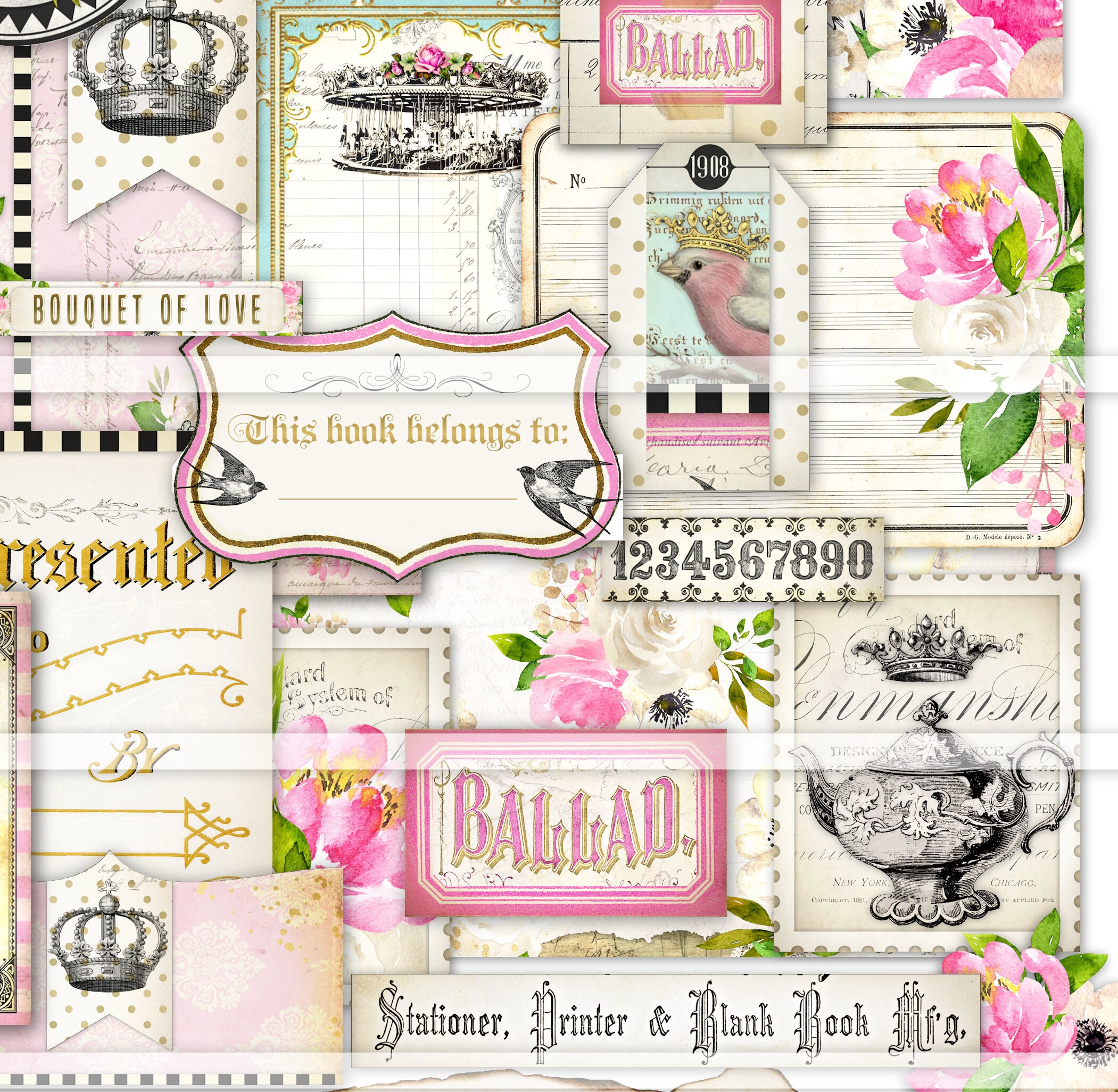 Printable Junk Journal Ephemera Kit, Spring Flowers, Shabby Chic Papers ...