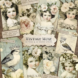 May include: A collection of vintage-style tags and word strips. The tags feature illustrations of cherubic figures with floral crowns and birds wearing crowns. Text includes "Vintage Muse," "Dream," "Gratitude," and "Journal."