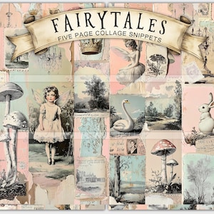 Peut inclure: Un collage d'images sur le thème des contes de fées. Le collage comprend des images de fées, de cygnes, de champignons, de lapins et d'un château. Le titre "Fairytales Five Page Collage Snippets" est en haut du collage.