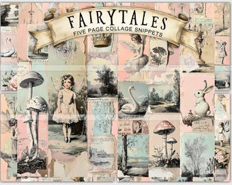Fairytales, collage snippet strips, junk journal belly bands, book marks, hidden paperclips, vintage fairy, printable, digital download