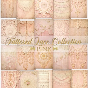 Papel para impressão Pink Tattered Lace, páginas de lixo eletrônico, renda vintage, papéis para scrapbook digital, coisas efêmeras vintage, folha de colagem, criação de cartões