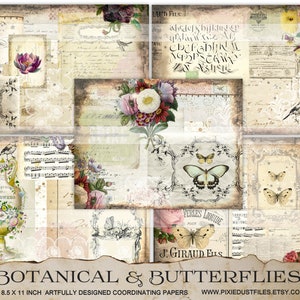 Junk Journal Digi Kit Botanial Papillons Collage vintage imprimable tableau principal, pages de journal, scrapbooking, artisanat en papier, images anciennes