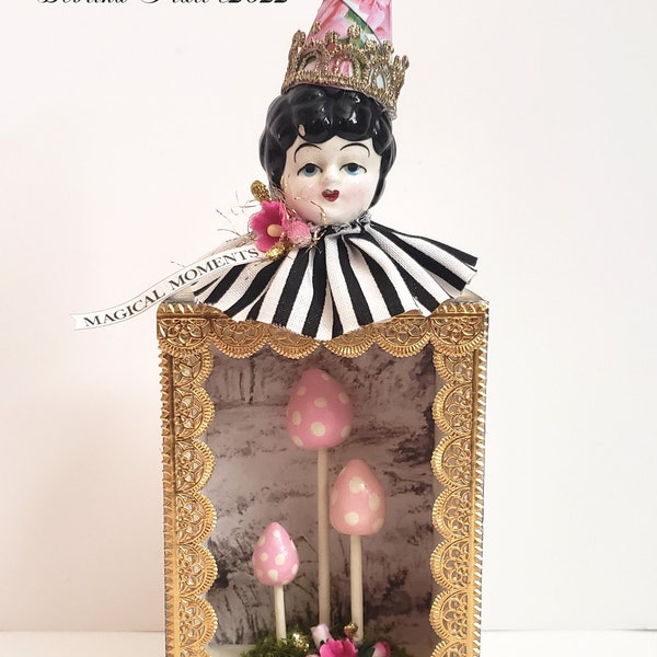 Frozen Charlotte doll head shadowbox, handmade clay mushrooms, vintage style collage art, mushroom art, doll head art, Debrina Pratt Art