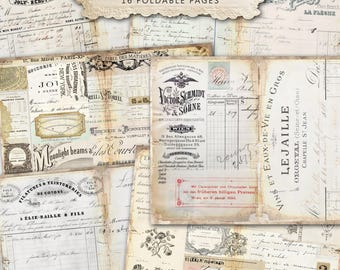 Vintage Ledgers, Junk Journal Printable French Invoices, Neutral Journaling Foldable Pages, Digital Download Digi Journal Kit Digital Papers