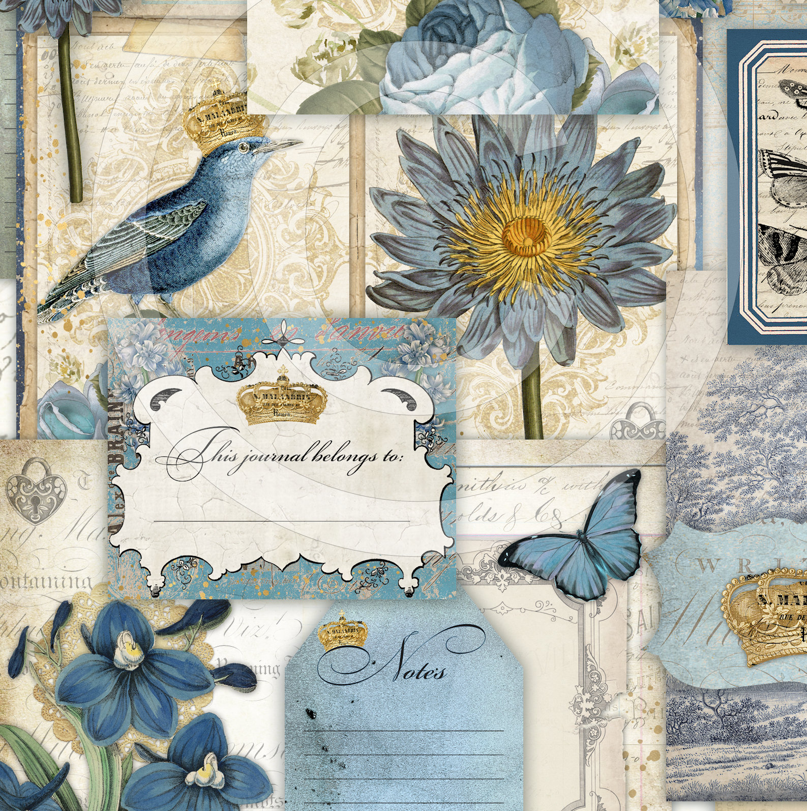 Material Paper - Vintage Blue Pastoral Flower Bird Scrapbook Paper