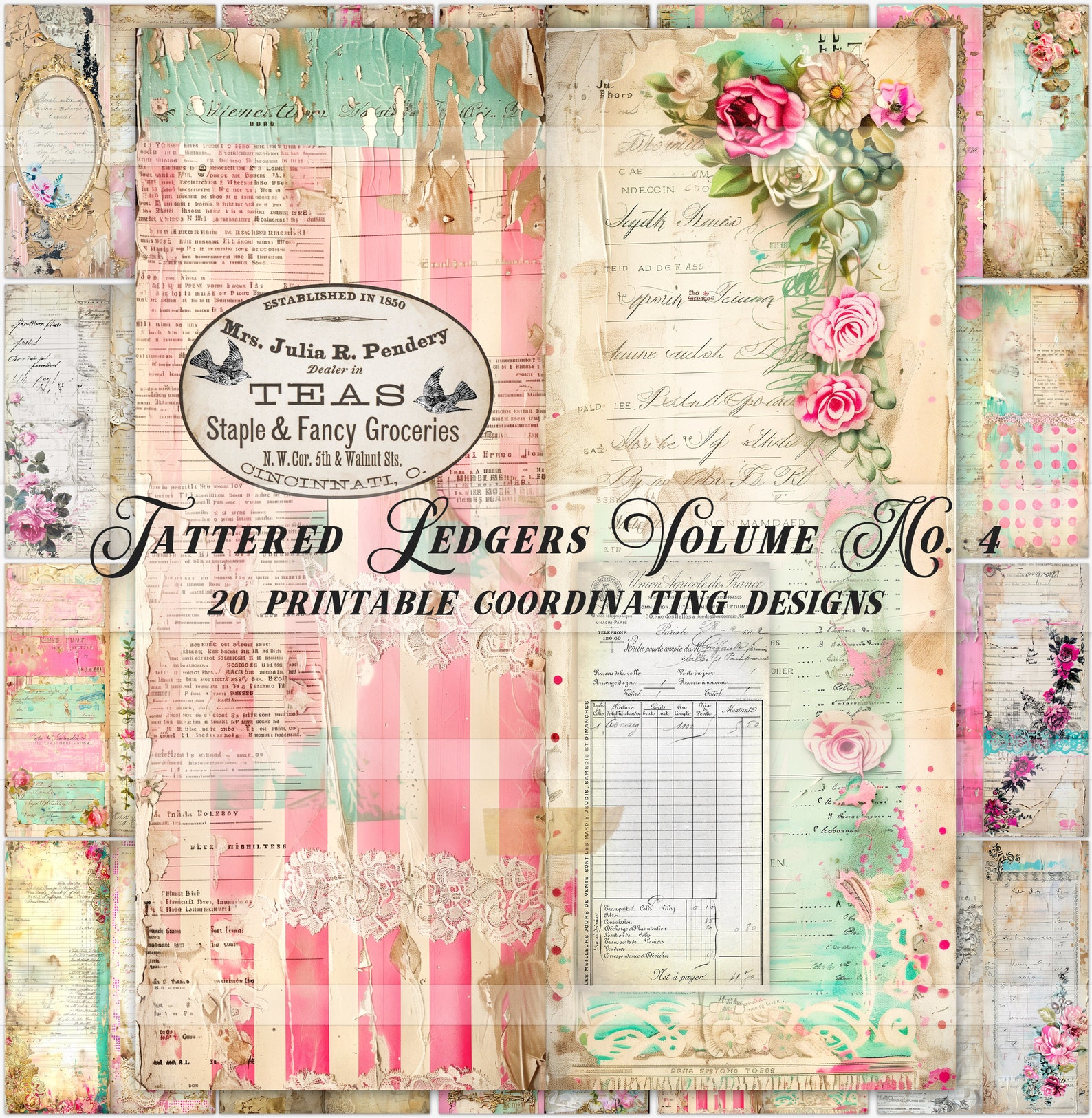 Printable Tattered Antique Ledger Papers, Pink Junk Journal Pages ...