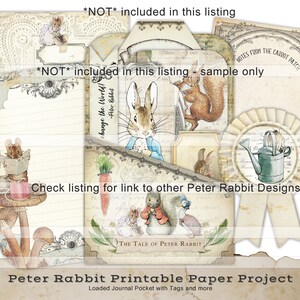 May include: Printable Peter Rabbit themed paper craft project with tags, journal pockets, and other decorative elements. The design features a vintage aesthetic with illustrations of Peter Rabbit, a squirrel, and a watering can.