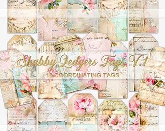 Shabby Ledgers, printable junk journal tags, cards, digital ephemera, download, shabby chic journals, gift tags, journaling tags, papers