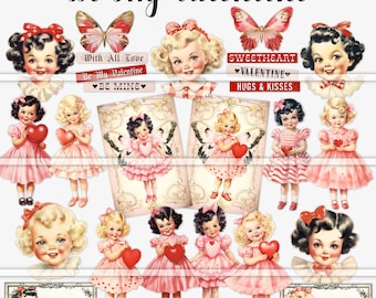 Valentines Day printables, paper dolls, junk journal kit, digital ephemera, scrapbooking, card making, collage, vintage style images