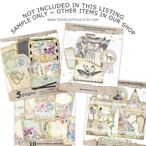 May include: A digital collage sheet featuring a variety of vintage-inspired images, including succulents, flowers, birds, and keys. The sheet is designed for use in junk journals, scrapbooking, and other paper crafts. The text on the sheet reads "Succulent Themed 5x7 Journal Pages" and "Childhood Dreams".