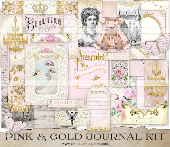 Pink Junk Journal Kit Supplies Printable, Vintage Ephemera, Shabby Chic  Scrapbook, Swan, Crowns, Paper Doll Dress, Digital Download Papers 