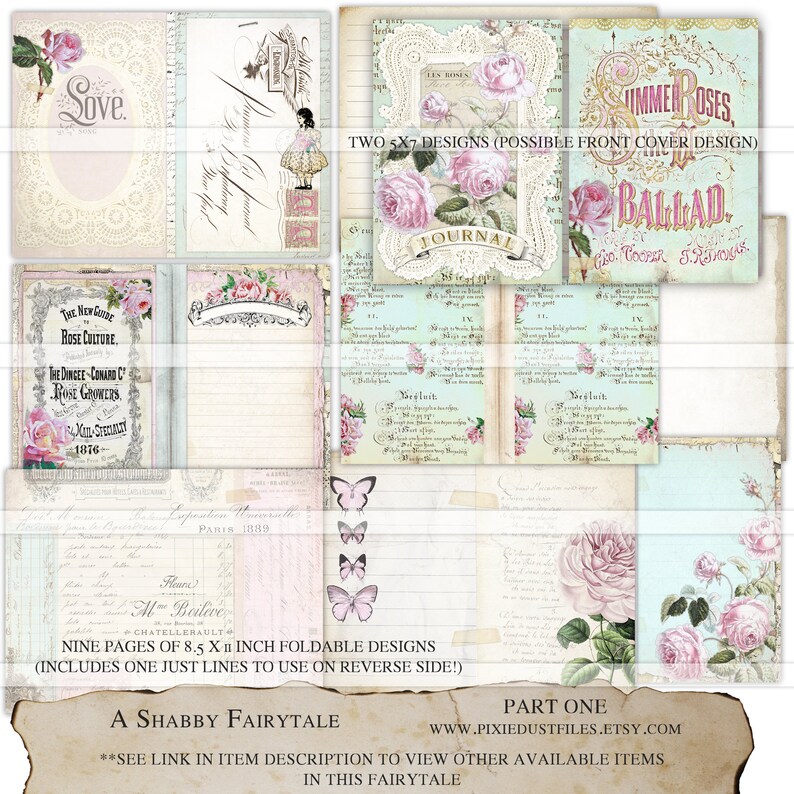 Printable Junk Journal Kit Pink Shabby Chic Roses Digital Vintage ...