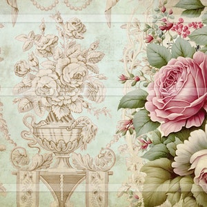 May include: A vintage floral wallpaper design with a bouquet of roses in a vase and a single pink rose with green leaves.