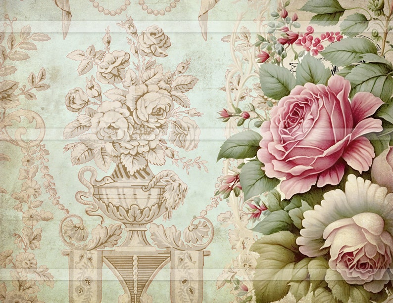 May include: A vintage floral wallpaper design with a bouquet of roses in a vase and a single pink rose with green leaves.