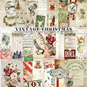 Vintage Christmas Junk Journal Kit, tall and skinny printable foldable journal pages, Traditional Christmas, red and green, digital paper