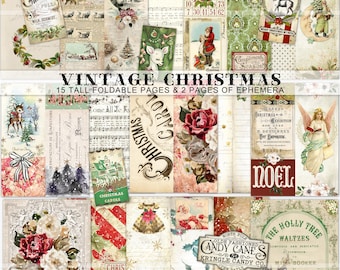 Vintage Christmas Junk Journal Kit, tall and skinny printable foldable journal pages, Traditional Christmas, red and green, digital paper