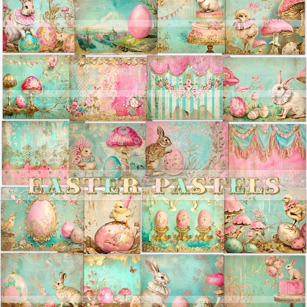 Easter Junk Journal printable kit, foldable landscape pages, vintage bunny rabbits, pastel colors, Easter theme ephemera, journal supplies