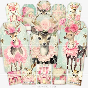 Etiquetas de regalo navideñas imprimibles, etiquetas para regalos, etiquetas navideñas shabby chic, ciervos retro navideños, decoración navideña rosa, descargas navideñas