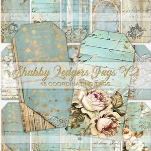 May include: Set of 18 coordinating digital scrapbook paper tags in a shabby chic style. The tags feature a blue and white color scheme with gold accents, floral designs, and handwritten text. The text on the tags reads "Shabby Ledgers Tags V.2" and "18 Coordinating Tags".
