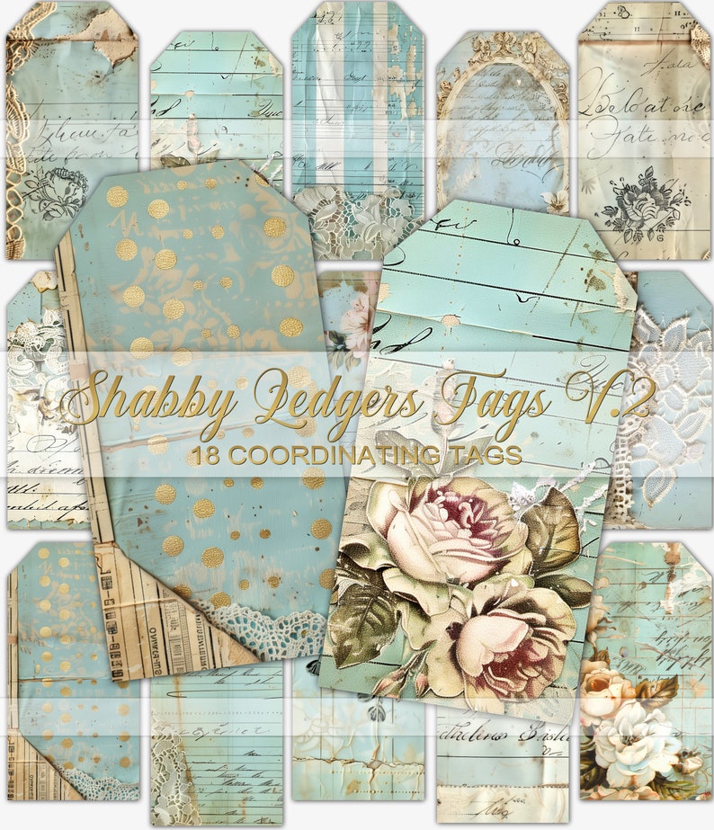 May include: Set of 18 coordinating digital scrapbook paper tags in a shabby chic style. The tags feature a blue and white color scheme with gold accents, floral designs, and handwritten text. The text on the tags reads "Shabby Ledgers Tags V.2" and "18 Coordinating Tags".