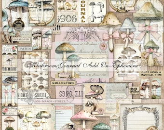 May include: A collage of vintage-style ephemera featuring mushroom illustrations. The design includes various tags, labels, and cards with text like "Mushroom Journal Add On-Ephemera" and "Gems for All Seasons." The color palette is soft, with pinks, greens, and browns.