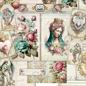 May include: A digital collage sheet with a vintage aesthetic featuring images of roses, a crown, a heart, a cross, and a woman with a crown of roses. The text "Sacred Love Edition 2" is at the bottom of the collage.