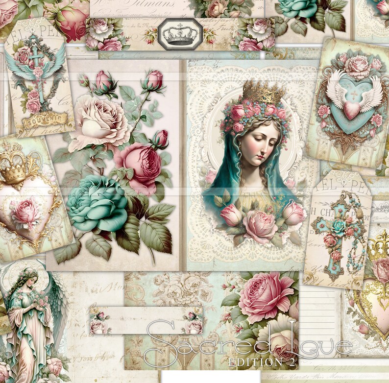 May include: A digital collage sheet with a vintage aesthetic featuring images of roses, a crown, a heart, a cross, and a woman with a crown of roses. The text "Sacred Love Edition 2" is at the bottom of the collage.