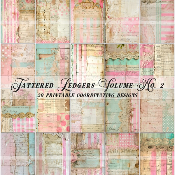 Printable Tattered Antique Ledger Papers, pink junk journal pages, digital pastel ephemera, vintage scrapbook paper kit, journaling download