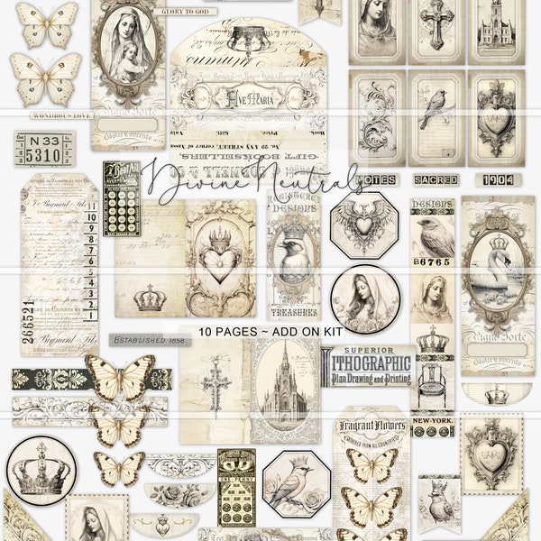 Divine Neutrals Junk Journal Ephemera Kit, digital papers, printable collage sheets, junk journal supplies, prayer journal, Virgin Mary